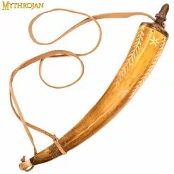 Mythrojan 14″Tallado A Mano Cuerno De Pólvora Con Correa De Cuero Para La Guerra Civil Re-Enactment Pólvora Negro - Mountain Man Reenactment - Color Beige Con Bolsa De M