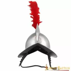 Casco Morion Español Con Penacho De Plumas Rojas Y Forro De Cuero Calibre 16
