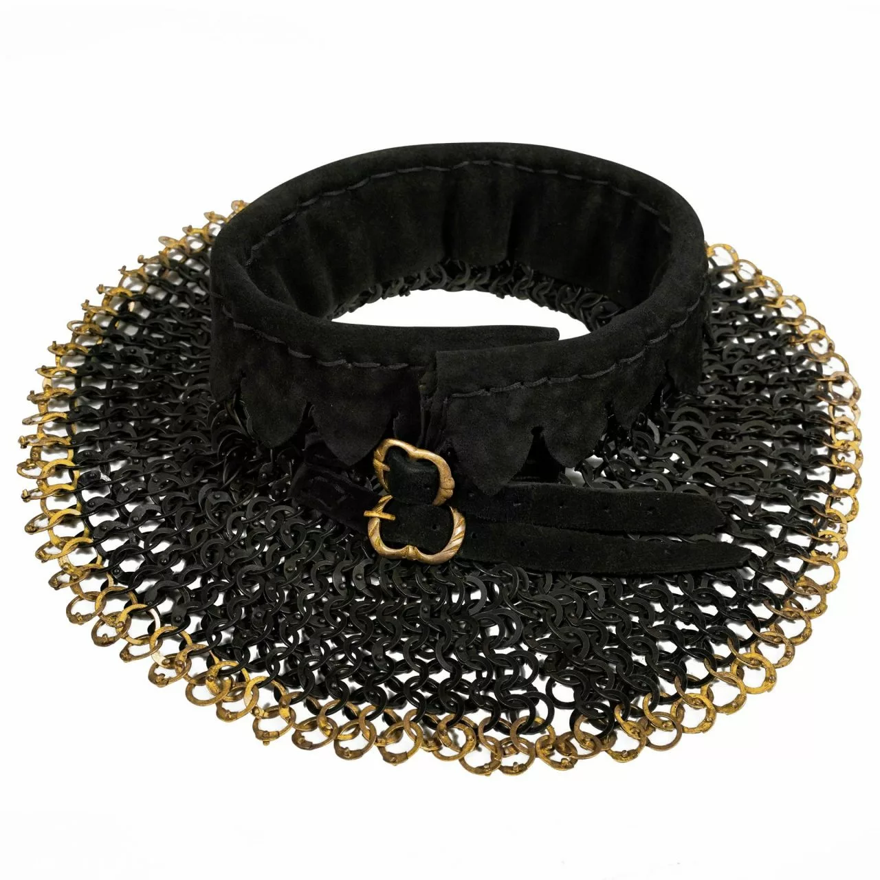 Mythrojan RIVETED CHAINMAIL STANDARD "El Caballero Negro Gorget": Remaches Redondos De Aro Plano De 9 Mm (Alt) Con Forro Acolchado De Ante Negro Y Bordes De Latón Macizo 3 Mythrojan RIVETED CHAINMAIL STANDARD "El Caballero Negro Gorget": Remaches Redondos De Aro Plano De 9 Mm (Alt) Con Forro Acolchado De Ante Negro Y Bordes De Latón Macizo