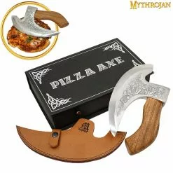 MYTHROJAN Hacha Vikinga De Acero Para Pizza Auténtico Cortador Medieval De Pizza Hacha Mezzaluna Ulu Rocking Pizza Cuchillo De Regalo