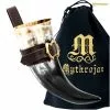 Mythrojan THE LOYAL SOLDIER - Viking Drinking Horn With Brown Leather Holder Authentic Medieval Inspired Viking Wine/Mead Mug - Polished Finish -Armadura Ventas 1 sac