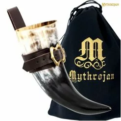 Mythrojan THE LOYAL SOLDIER - Viking Drinking Horn With Brown Leather Holder Authentic Medieval Inspired Viking Wine/Mead Mug - Polished Finish