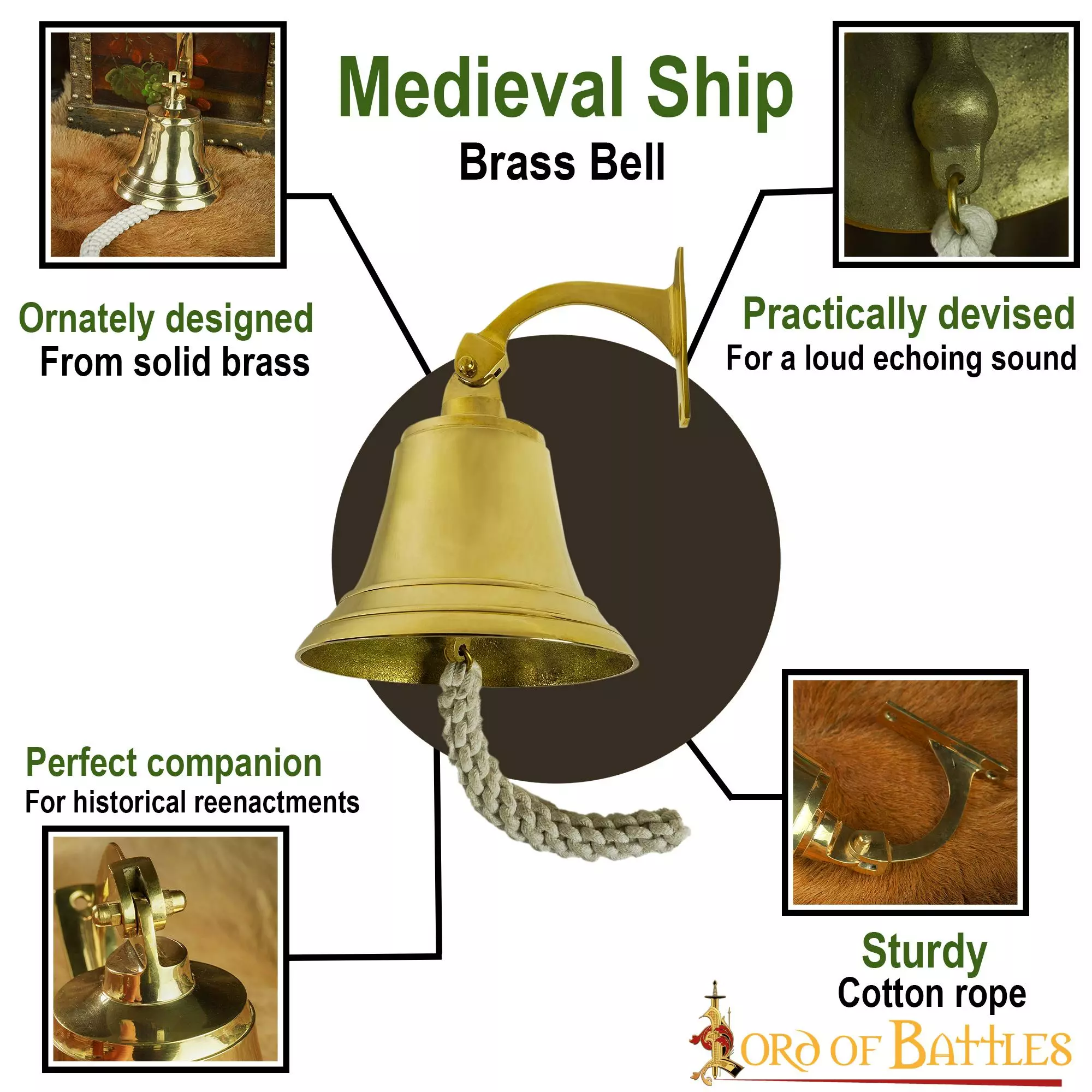 Campana De Barco Medieval Hecha A Mano De Latón Macizo Puro Accesorio Funcional 6 Campana De Barco Medieval Hecha A Mano De Latón Macizo Puro Accesorio Funcional - Imagen 4