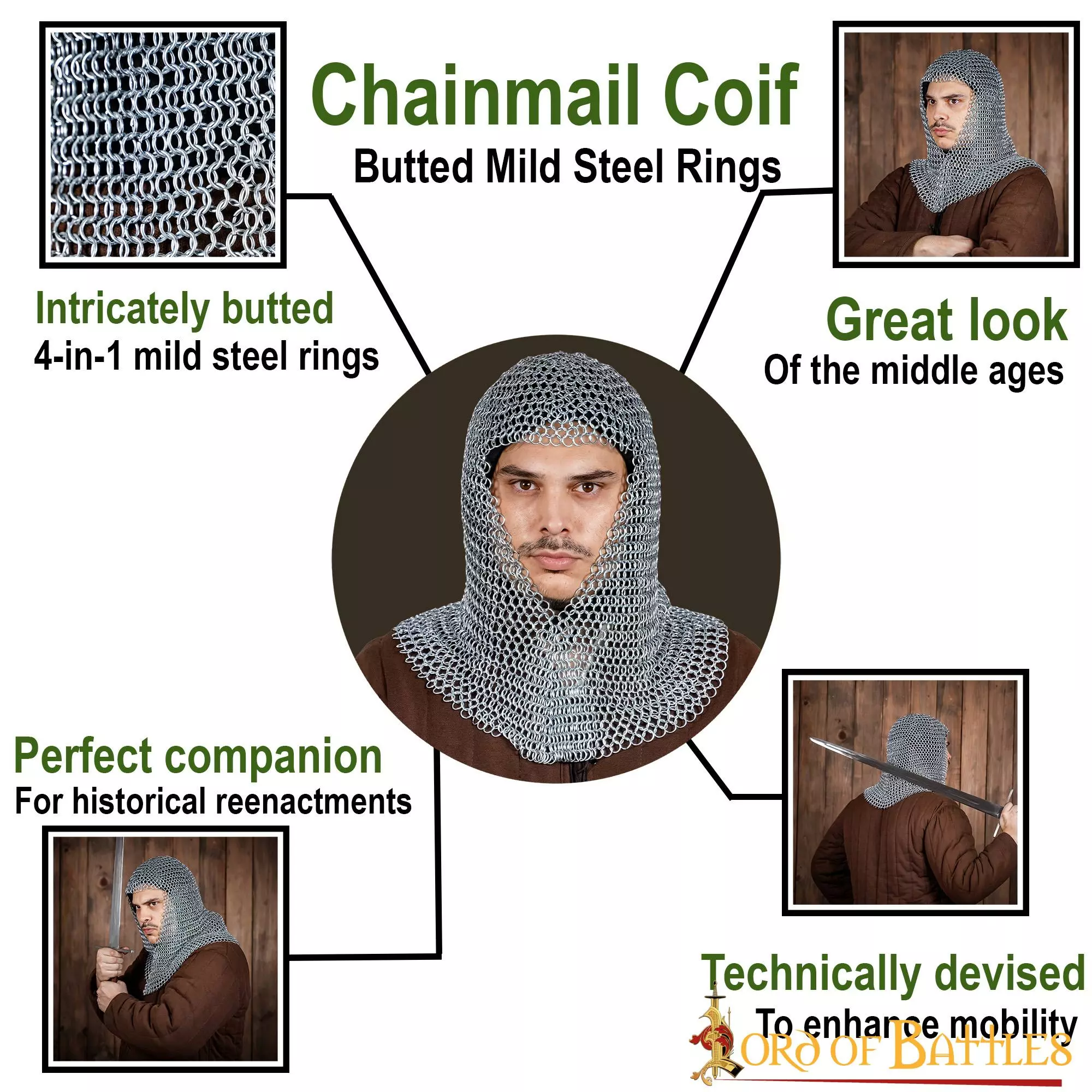 Medieval Chainmail Capucha V Cara Coif Acero Butted Anillos Redondos 6 Medieval Chainmail Capucha V Cara Coif Acero Butted Anillos Redondos - Imagen 4