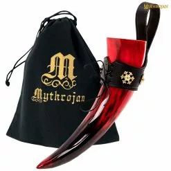 Mythrojan The RED Witch Viking Drinking Horn Con Soporte De Cuero Negro Auténtica Taza Vikinga De Inspiración Medieval Para Vino Y Vino - Acabado Pulido