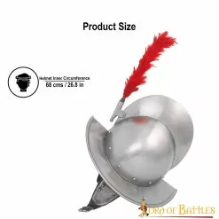 Casco Morion Español Con Penacho De Plumas Rojas Y Forro De Cuero Calibre 16 -Armadura Ventas 2267