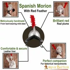 Casco Morion Español Con Penacho De Plumas Rojas Y Forro De Cuero Calibre 16 -Armadura Ventas 2267 pattern1 1 1