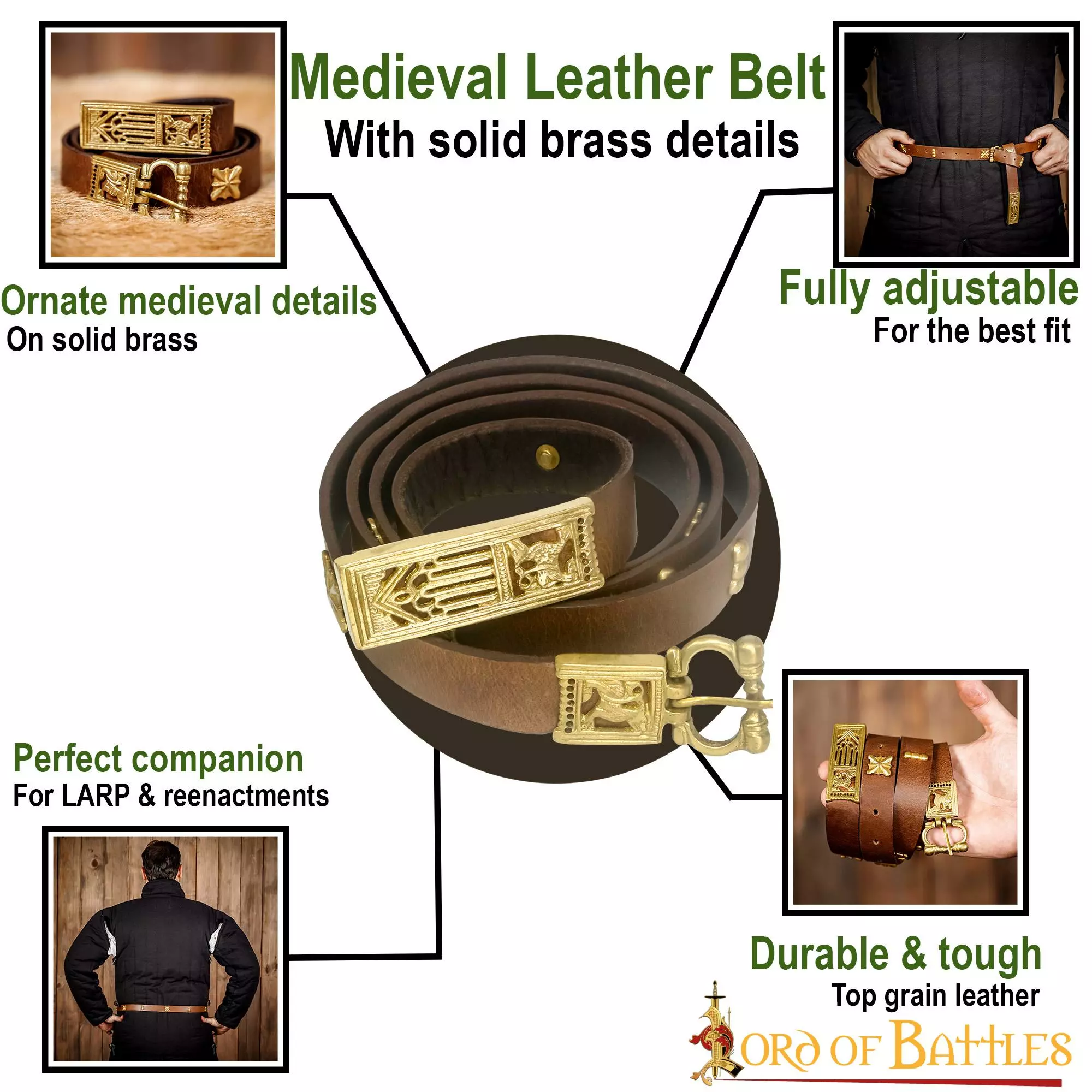 Cinturón Medieval De Cuero Con Hebilla Y Capucha De Latón Puro 6 Cinturón Medieval De Cuero Con Hebilla Y Capucha De Latón Puro - Imagen 4