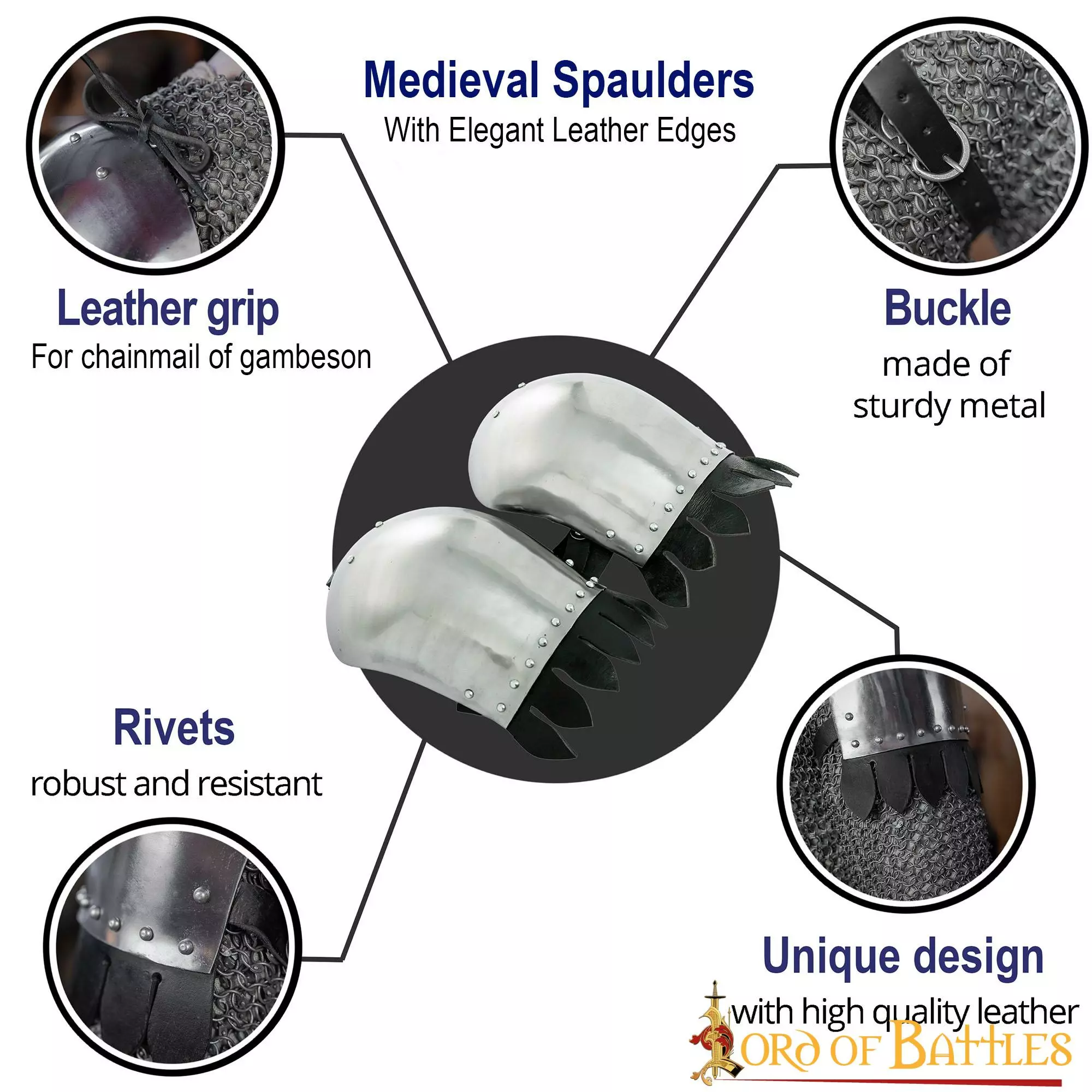 Spaulders Medievales Con Elegantes Bordes De Cuero Calibre 16 6 Spaulders Medievales Con Elegantes Bordes De Cuero Calibre 16 - Imagen 4