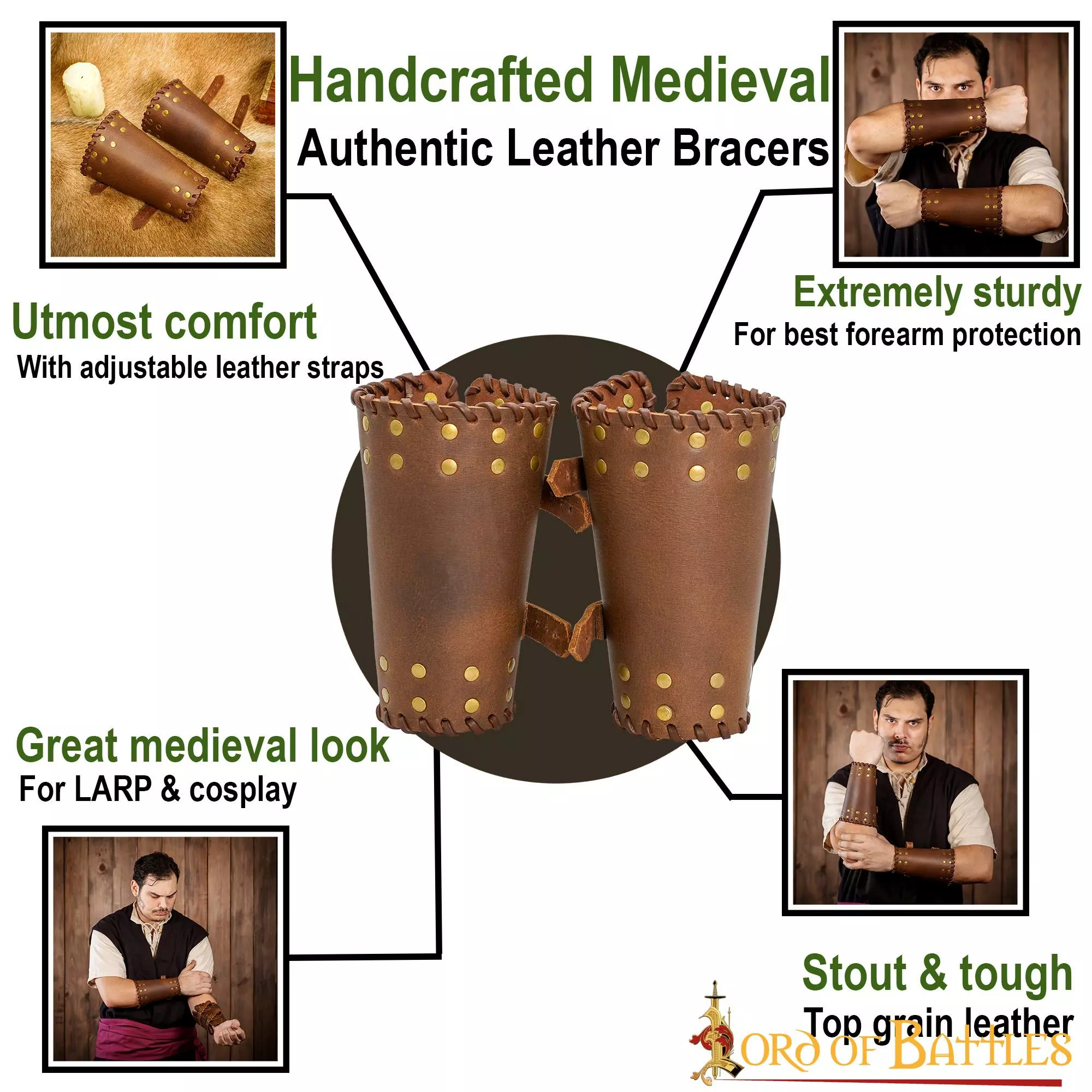 Brazales Medievales De Cuero Auténtico Con Tachuelas Hechos A Mano 6 Brazales Medievales De Cuero Auténtico Con Tachuelas Hechos A Mano - Imagen 4