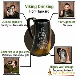 Taza De Cerveza Mighty Wolf Viking Horn Tankard Hecha A Mano Con Auténtico Cuerno De Buey -Armadura Ventas 25884 pattern1 1 1