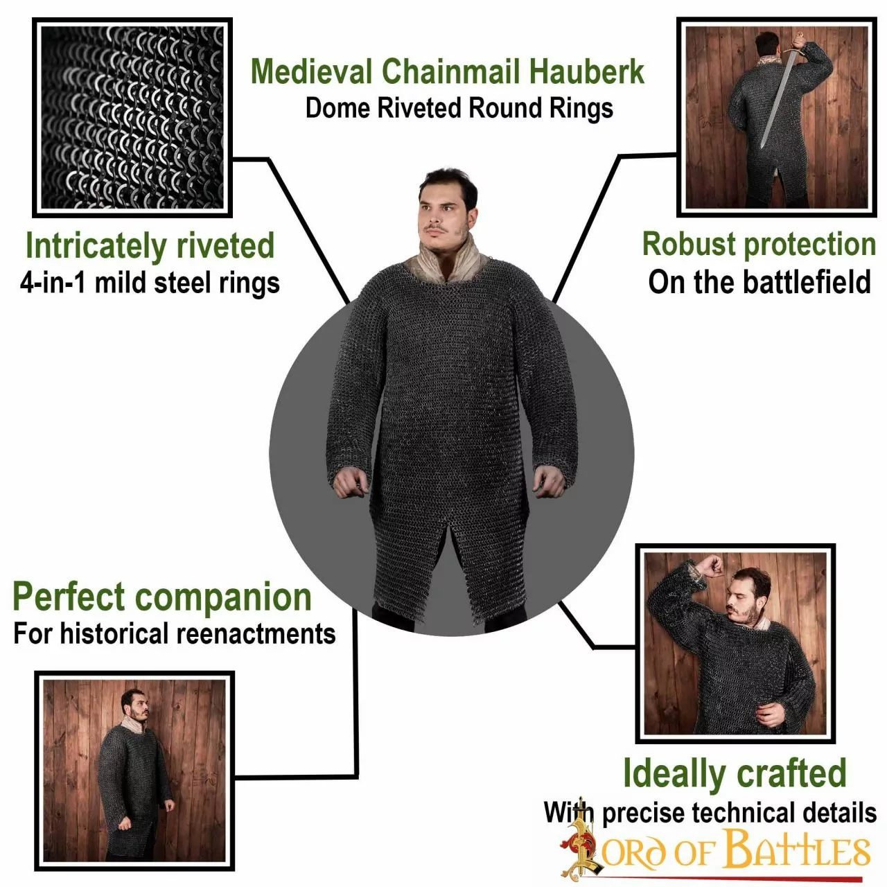 Cota De Malla Hauberk Acero Ennegrecido Anillos Redondos Cúpula Remaches Alternando Anillos Planos Sólidos 8 Cota De Malla Hauberk Acero Ennegrecido Anillos Redondos Cúpula Remaches Alternando Anillos Planos Sólidos - Imagen 6
