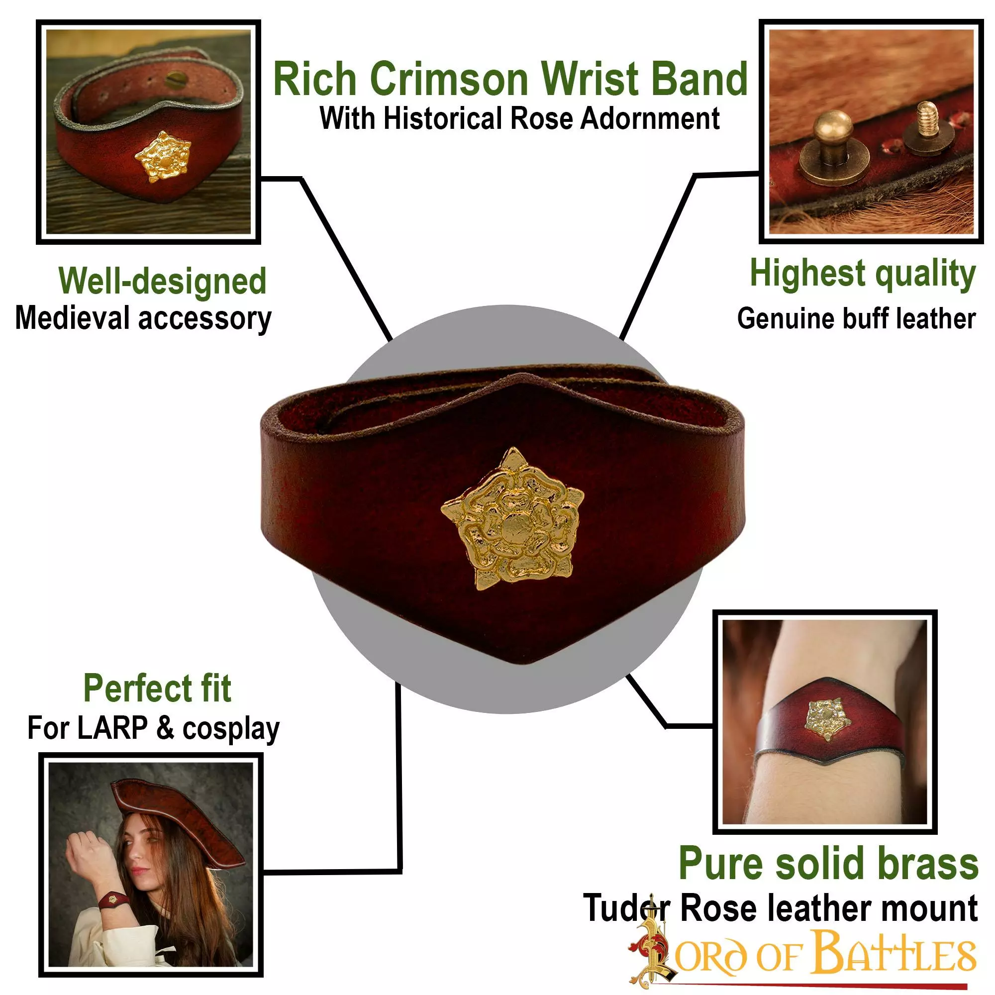 Pulsera Artesanal De Cuero Con Adorno De Rosa Tudor 6 Pulsera Artesanal De Cuero Con Adorno De Rosa Tudor - Imagen 4