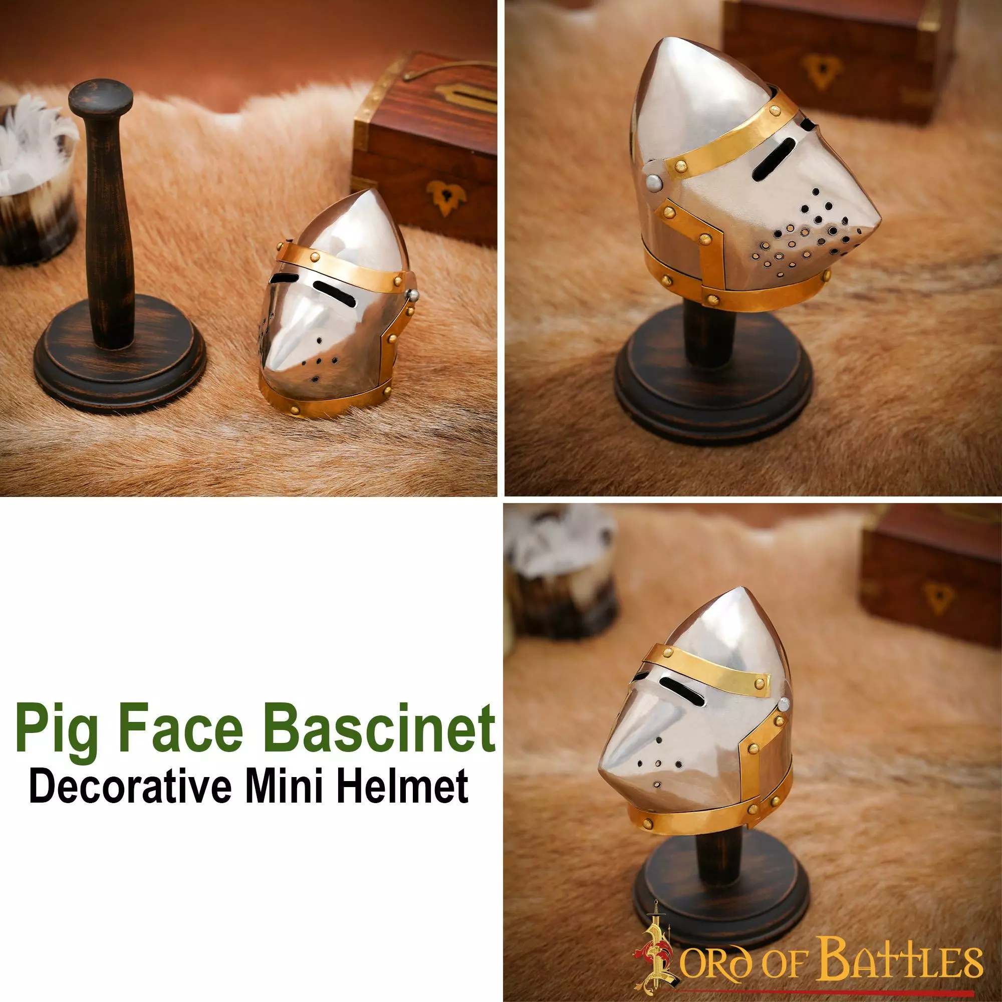 Minicasco Decorativo De Bascinet Con Acabado Cromado Y Soporte De Madera 7 Minicasco Decorativo De Bascinet Con Acabado Cromado Y Soporte De Madera - Imagen 5