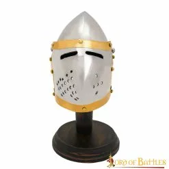 Minicasco Decorativo De Bascinet Con Acabado Cromado Y Soporte De Madera