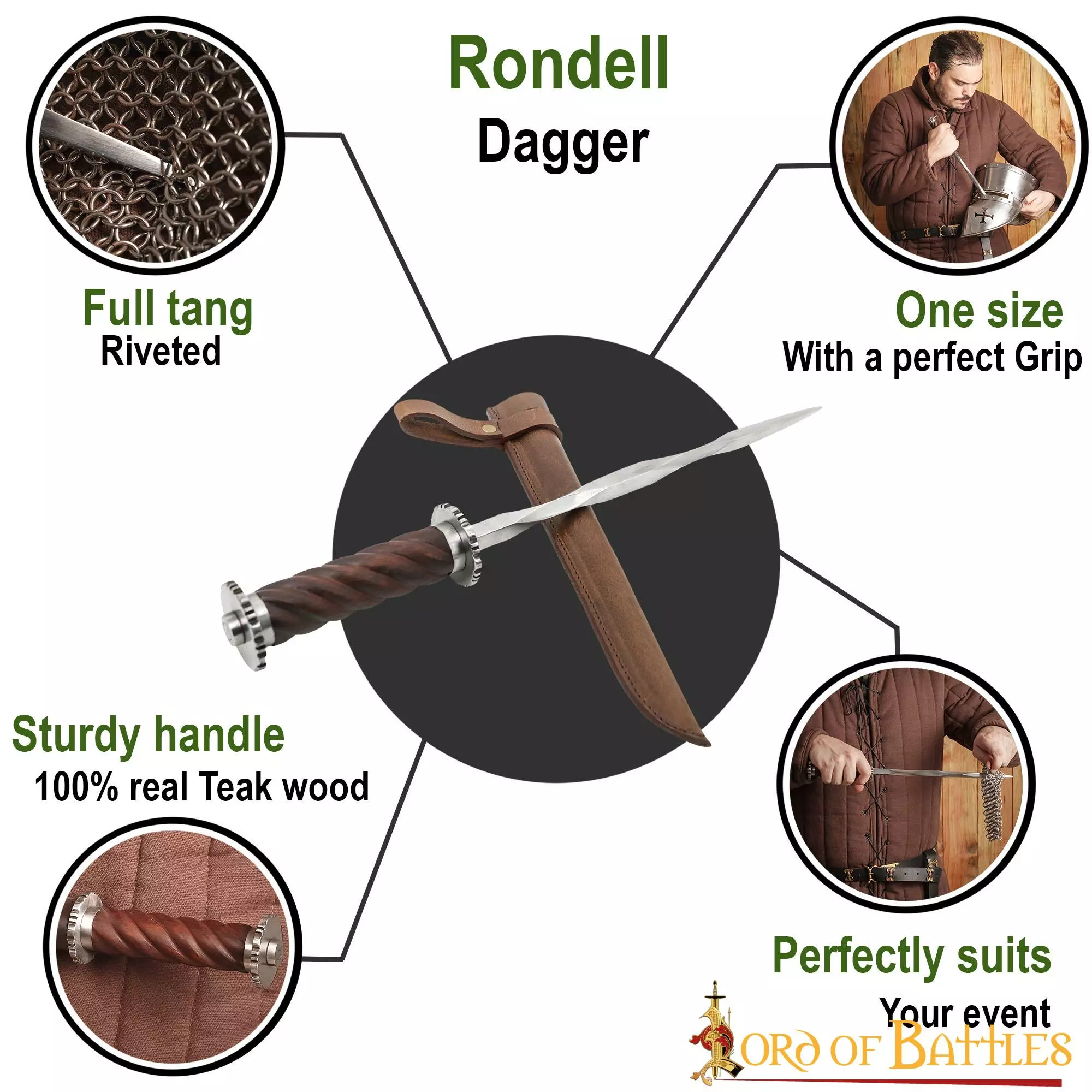 Daga Medieval Rondell Con Vaina De Cuero Auténtico 6 Daga Medieval Rondell Con Vaina De Cuero Auténtico - Imagen 4