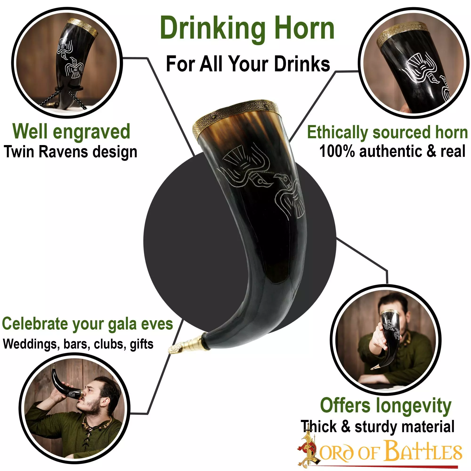 Cuerno Medieval De Odín Para Beber Con Accesorios De Latón Puro Cuerno De Buey Auténtico 6 Cuerno Medieval De Odín Para Beber Con Accesorios De Latón Puro Cuerno De Buey Auténtico - Imagen 4