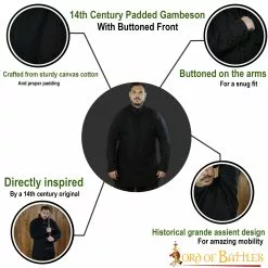 Gambesón Acolchado Medieval Del Siglo XIV (Tipo 6) Con Botonadura Delantera Negro Y Crudo -Armadura Ventas 7106BK pattern 1 1 scaled 1