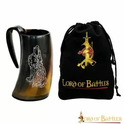 Taza De Cerveza Mighty Wolf Viking Horn Tankard Hecha A Mano Con Auténtico Cuerno De Buey