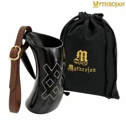 Mythrojan Viking Drinking Tankard Con Hebilla Medieval Correa De Cuero Taza De Vino Cerveza Hidromiel 600 ML - Acabado Pulido