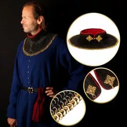 Mythrojan Remachado Chainmail Standard "The Red Knight Gorget" : 6mm Flat Ring Round Rivets (Alt) With Sturdy Red Padded Lining And Solid Brass Closing System -Armadura Ventas white background photos 0007 Collarge copy 2